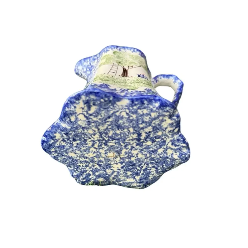 VTG Molly Dallas Blue Spatterware Ohio Folk Apple Tree Pitcher Wavy Handle 6.5